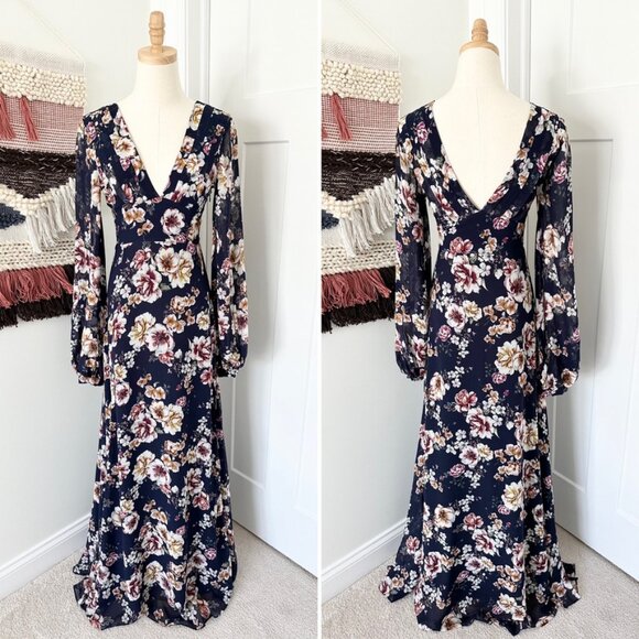 NICHOLAS Garden Rose Long Sleeve Floral Silk Maxi Dress Navy Blue Size 2 NWT - Picture 2 of 12